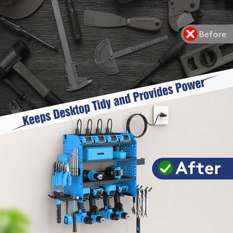 Heavy Duty Power Tool Organizer Wall Mount with Charging Station,