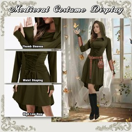 FSUJWOA 5 Pcs Renaissance Women Costume Medieval Hooded skirt Vintage Arm Guard Printed Belt and Waist bag (Green, Small)