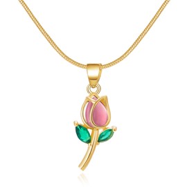 IMINI Elegant Tulip Flower Small Pendant Necklace for Women Girls Dainty Green Crystal Leaves Charm Dangling Choker Adjustable Link Chain Delicate Floral Jewelry for Party Wedding (Red)