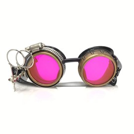 Steampunk Victorian Style Goggles with Compass Design, UV Glow in The Dark Neon Pink Rave Diffraction Glasses Prism Lenses