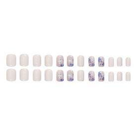 MERVF Square Press on Nails Short Fake Nails Press ons Blue Floral Glue on Nails White Squoval Acrylic Nails Summer False Nails with Flower Design Glossy 24pcs