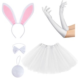 Kvittra 5 PCS Bunny Costume, Easter Animal Rabbit Ears Headband and Tutu Costume for Women, Bunny ears Set Headband Bow Tie Rabbit Paws Tail, Easter Cosplay Accessories for Party Gifts