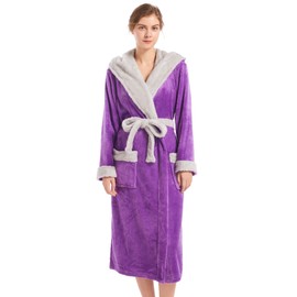 Inner Wish Women Hooded Plush Robe, Fleece Cozy Warm Bathrobe,VIOLET+LT.GREY,L/XL