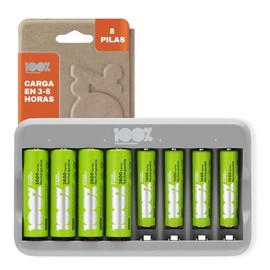 100%PeakPower Cargador de Pilas Recargables AA y AAA con 8 Ranuras, Puerto USB, Carga Rápida 2 a 6h, Apagado Automático y Protección contra Sobrecarga – Incluye 8 Pilas Precargadas