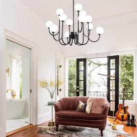 POUNEE Modern Glass Globe 12 Lights Sputnik Chandeliers,Mid-Century Black Ceiling Light Fixture for Dining Room Living Room Bedroom Kitchen stairwell Office Pendant Lighting