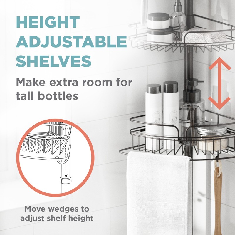 Zenna Home Tension Pole Shower Caddy Corner Organizer, Adjustable Standing