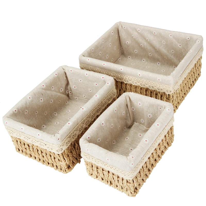 GOYADA Pack of 3 Wicker Rectangular Woven Basket with Yellow