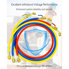 1/4" HVAC Hoses with Ball Valves End, 800 PSI 48" Refrigerant Charging Hoses, 3 Pcs Color Coded Hoses Low Loss Fittings Fit for R12 R22 R404 R410A R134A R502 Air Condition Refrigeration Charging