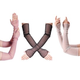 Jmkcoz 3 Pairs Women's Long Ultra-thin Lace Gloves UV Protection Cooling Arms Sleeves Fingerless Mesh Gloves for Sport Party (Black White Purple)