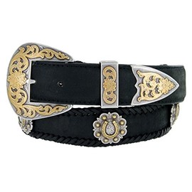 Gold Horseshoe Berry Conchos Leather Scalloped Belt Black 44