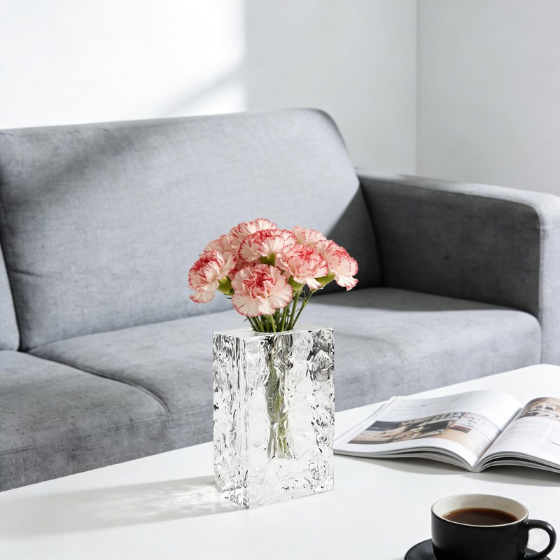 Marvala Crystal Flower Vase with Glacial Texture,Heavy Duty Large Clear
