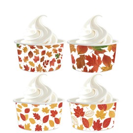 YVAINE 24 Pcs Fall Maple Leaves Treat Snack Cups 8 oz Harvest Disposable Paper Cup Dessert Ice Cream Bowls for Autumn Birthday Thanksgiving Party Supplies Decorations