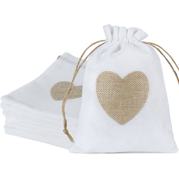 HRX Package 20pcs White Burlap Gift Bags 5x7 inches, Cute Fabric Heart Favor Pouches with Drawstring for Wedding Party Christmas Valentine's Day
