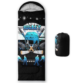 QOOMO Hockey Printed Camping Sleeping Bag, 3 Season Warm & Cool Weather,Lightweight,Waterproof Sleeping Bags for Adults & Kids,Traveling,and Outdoors,Camping Gear Equipment, 31x90inch