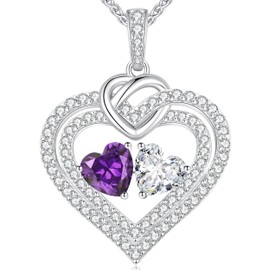 LOUISA SECRET Sparkling Double Heart Birthstone Necklaces for Women, 925 Sterling Silver Fine Jewelry, Pendant Heart Necklaces Birthday Anniversary Christmas Gift for Women Wife Mom Girlfriend Lady