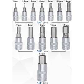 DAKCOS 13-Piece Hexagonal Socket Set Metric 2 mm - 14 mm, Hex Bit Socket Set 1/4 Inch, 3/8 Inch, 1/2 Inch Nuts Made of CR-V, Bit Made of S2