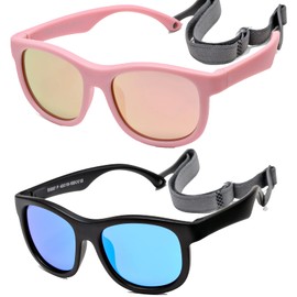 Hycredi Flexible Polarized Sunglasses with Strap for Baby Age 0-2 Years (Pink/Mirrored Pink + Black/Mirrored Blue)