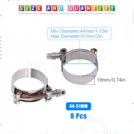 Glarks 8Pcs 44-51mm Stainless Steel T-Bolt Hose Clamps Turbo Intake Soft Hose Intercooler Clamps