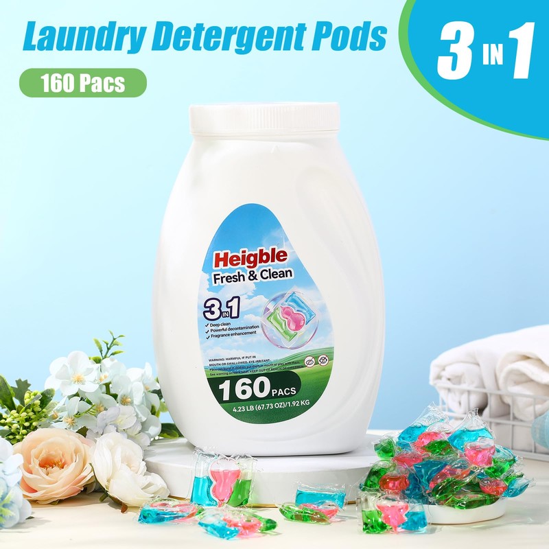 Heigble 160 Count Laundry Detergent Pods Bulk 3-in-1 Laundry Detergent
