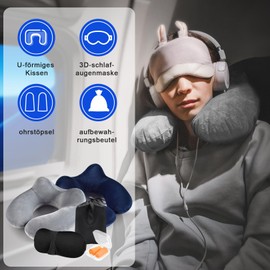 Neck Pillow, Travel Pillow, Aeroplane Neck Pillow with 3D Sleeping Mask and Earplugs, Inflatable Neck Pillow, Adult Travel Pillow, Travel Pillow, Inflatable for Travel, Plane, Train, Car (Blue)