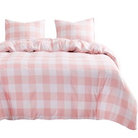 Wake In Cloud - Gingham Comforter Set, Plaid Buffalo Check Checkered Cottagecore Cute Geometric, Soft Lightweight Bedding, 3 Pieces, Pink, Full Size