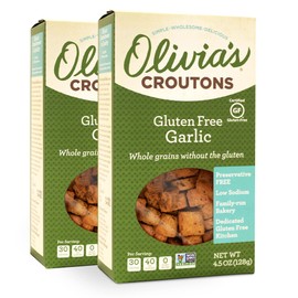 Olivia’s Gluten Free Croutons For Salad – Crunchy Garlic Soup Crouton – Made from Seasoned Ancient Grain Gluten-Free Artisan Bread – Dairy Free, Vegetarian, Made In USA, 4.5 Oz (Pack of 2)