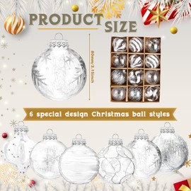 Hollowfly 24 Pieces Christmas Ball Ornaments Set 3.15 Inch Large Shatterproof Clear Glitter Xmas Balls Rustic Farmhouse Christmas Decorations for Christmas Tree Hanging Ornaments(White)