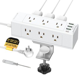 Desk Clamp Power Strip with USB Port, Desk Outlet 1700 Joules Surge Protector Power Strip, Desk Edge Mount Outlets with 9 Outlets and 4 USB Ports, Removable Clamp Power Strip, 6 FT Flat Plug
