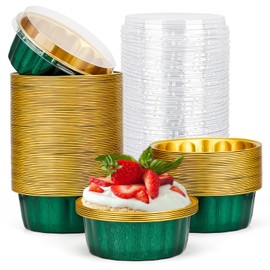 Beasea Disposable Ramekins with Lids, 8oz 100 Pack Aluminum Cups for Baking Jade Green, Aluminum Foil Cups Creme Brulee Muffin Cupcake Baking Cup Mini Pudding Cups for Party Wedding Birthday