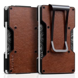 VULKIT Slim Metal Wallet with Money Clip for Men or Women Card Holder Minimalist Card Wallet Credit Card Holders RFID Blocking for 12-15 Cards, Retro Leather Brown