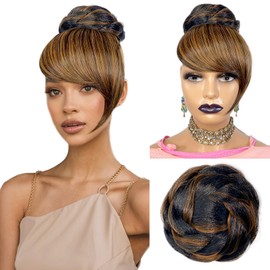 VAVANGA Large Hair Bun and Bang Set 2PCS - Brown Black Highlight Braided Bun N Bang Clip-in Updo Bride Chignon Fringe Ponytail with Swoop Side Bangs Hair Piece for Black Women - 2H30 (Chestnut Brown)