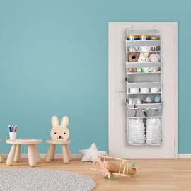 DCCDU Over the Door Organizer, 5 Tiers Hanging Nursery Storage Closet Organizer with 1 Movable Shelf, Large Capacity Diaper Caddy, 10 Side Pockets, Bedroom Bathroom Decor for Baby Must Haves Toy, Grey