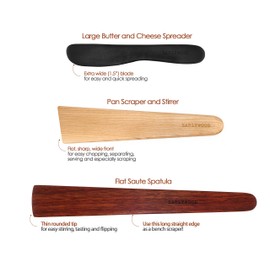 3-Piece Wooden Kitchen Cooking Utensil Set - Comes w/a Thin Wood Spatula Flipper, Wooden Cast Iron Scraper Stirrer and Butter Turner/Cheese Spreader - Wooden Utensils Set - Made in USA - BME