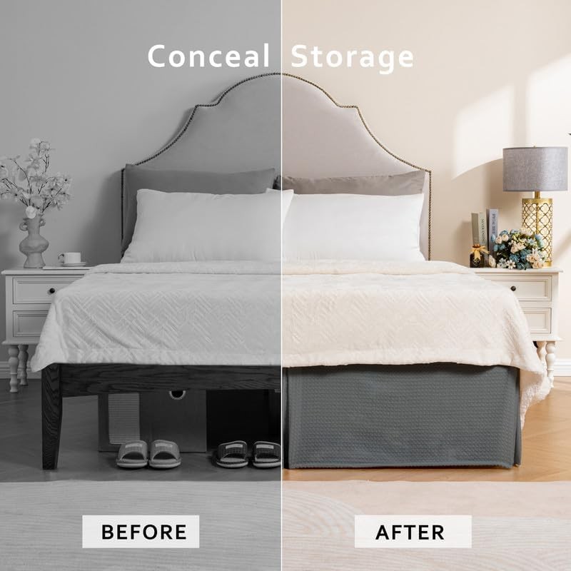 MIYE Pleated Waffle Weave Bed Skirt, Tailored Dust Ruffle 16