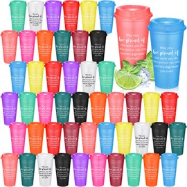 Skylety 48 Pcs Appreciation Tumblers Gifts Bulk 16 oz Thank You Employee Plastic Coffee Cups with Lids Colorful Reusable Inspirational Tumblers for Teacher Coworker Staff Women Christmas Gifts