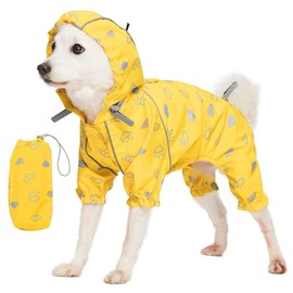 Blueberry Pet 20" Reflective Cloud Prints Lightweight Waterproof Dog Raincoat with Hood & Harness Hole, Sunflower Yellow, Outdoor Rain Gear Jacket 4 Legs for Large Dogs