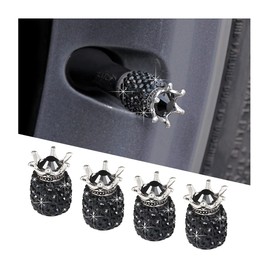 Mandark 4pcs Crown Tire Valve Stem Caps, Aluminum Alloy Wheel Valve Covers, Bling Crystal Rhinestone Car Wheel Tire Valve, Corrosion Resistant Leak-Proof Decoration for Most Vehicles（Black）
