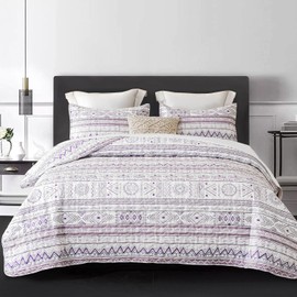 DURLENGEN Purple Quilt Set Queen Size 3Pcs, Bohemian Design with Geometric Pattern Printed on White, All Season Lightweight Coverlet Sets(Queen 90x96, Boho)