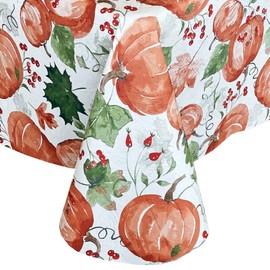 Lintex Pumpkin Gathering PEVA Non Toxic Autumn Vinyl Tablecloth, Thanksgiving Harvest Country Cottage Pumpkins Easy Care Fall Tablecloth6, 60inch x 84inch Oblong/Rectangle Multi Color 102inch