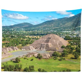 Loccor Mexico Teotihuacan Pyramid Tapestry Pyramid of Moon Teotihuacan Ancient Historic Cultural Cityscape Green Mountain Wall Hanging Home Wall Decor W106 x H70 Inches