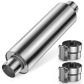 JY PERFORMANCE 4 Inch Inlet Diesel Muffler Exhaust with Clamp- 7" x 24" Body - 30" OAL - Straight Through - Stainless Steel - Welded On Resonator, Polished - TIG Welding