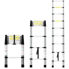 HYCHIKA Telescoping Ladder 8.5 Ft, Extension Collapsible Aluminum Ladder with Stabilizing Bar, Multi-Button Retraction for Home, RV, Roof, Loft, Painters, Camper, Indoor & Outdoor, 330 Lbs Capacity