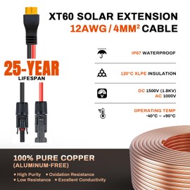 COCOSY XT60 Charge Extension Cable 20Ft 12AWG or 2/6/10/20/25/35/50/100Ft 4mm²/12AWG Solar Connector to XT60 Cable for Portable Power Station, LiFePO4 Battery, RV and Solar Generator