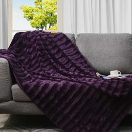 Designer Lightweight Reversible Faux Fur Throw Blanket with Soft Micro Plush Back Vibrant Purple Plum Color 50"x60" | All Seasons Cozy Plush Luxury Feel Chic & Versatile Best for Adult Teen Dorm