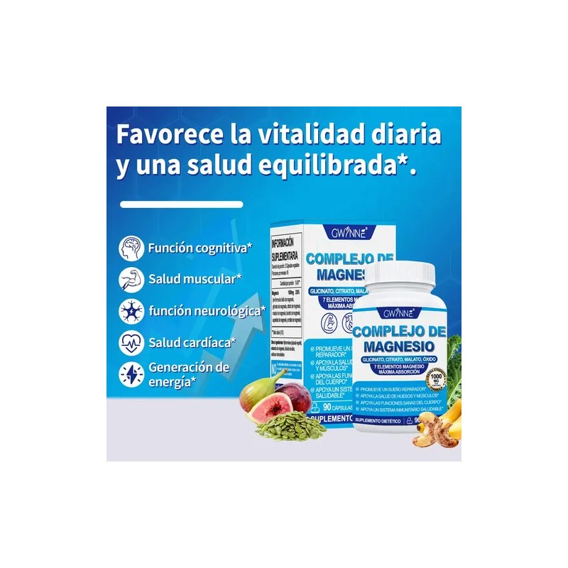Gwynne Suplemento Complejo Magnesio Elemental 1000mg Glicinato Citrato Malato Taurato