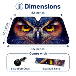 Owl Eyes Windshield Sun Shade for Car SUV Truck (55x30 Inches), Sun Shade Windshield, Shades for Front Windows, Sunshade for Car Windshield, Protector Blocks UV