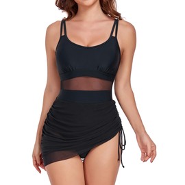 Vevarble Women Swimming Costume with Skirt Adjustable Straps Tummy Control One Piece Swimdress,L,Black