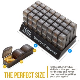 Month Pill Box Organizer - 32 Compartments | Morning-Noon-Night - 30 Day Pill Case with 32 Daily Compartments for Vitamins, Supplements, Medication - Travel Monthly Pill Organizer 3 Times-a-Day, Grey