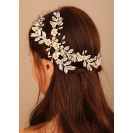 BERYUAN Bridal White Flower Gold Leaves Pearls Crystal Rhinestone Hair Comb Teardrop Crystal Rhinestone Hair piece Sliding Side Headpieces Wedding Hair Accessories for Women and Girls (gold)