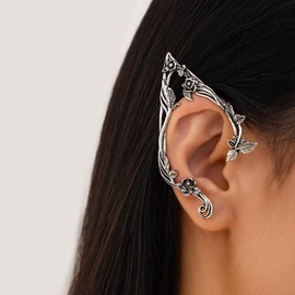 Asphinien Gothic Elves Ear Cuff 2pcs Piercing Cartilage Climber Ear Wrap Retro Silver Gold Floral Vine Stud Earrings Punk Hip Hop Clip on Statement Earrings for Women (Silver)